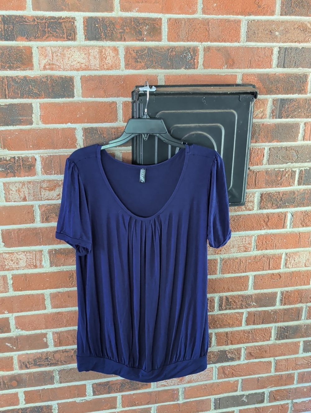 Made by Johnny Navy Scoop Neck Pleated Short Sleeve Pleated Top XL